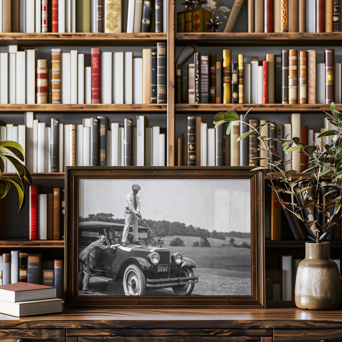 Vintage Golfer Teeing Off On Top Of Classic Car Funny Sports Print - Image 4