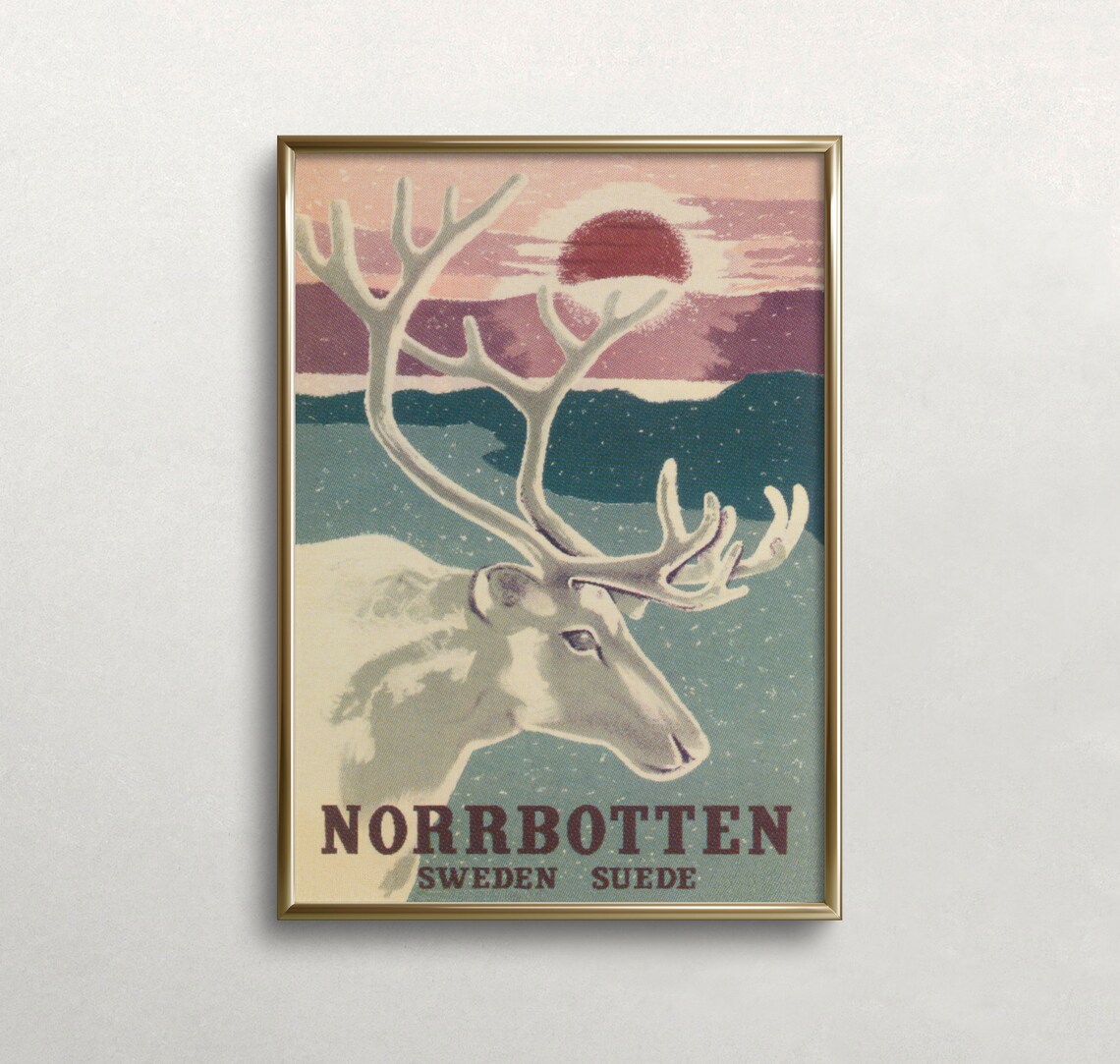 Norrbotten Sweden Vintage Reindeer Art Print