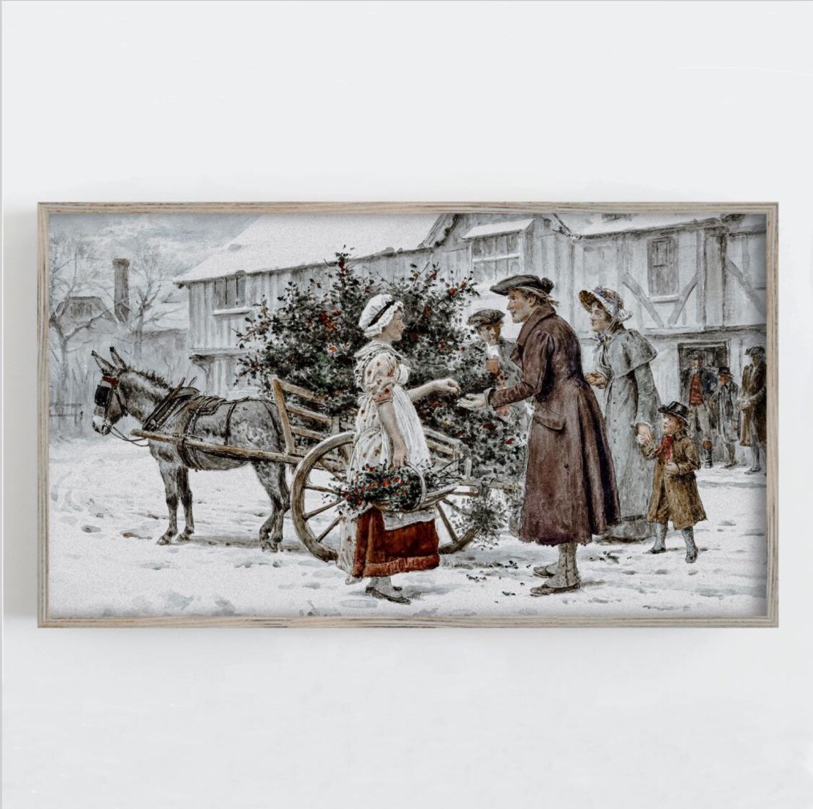 Donkey Cart Christmas Greenery Snowy Village Vintage Holiday Wall Art