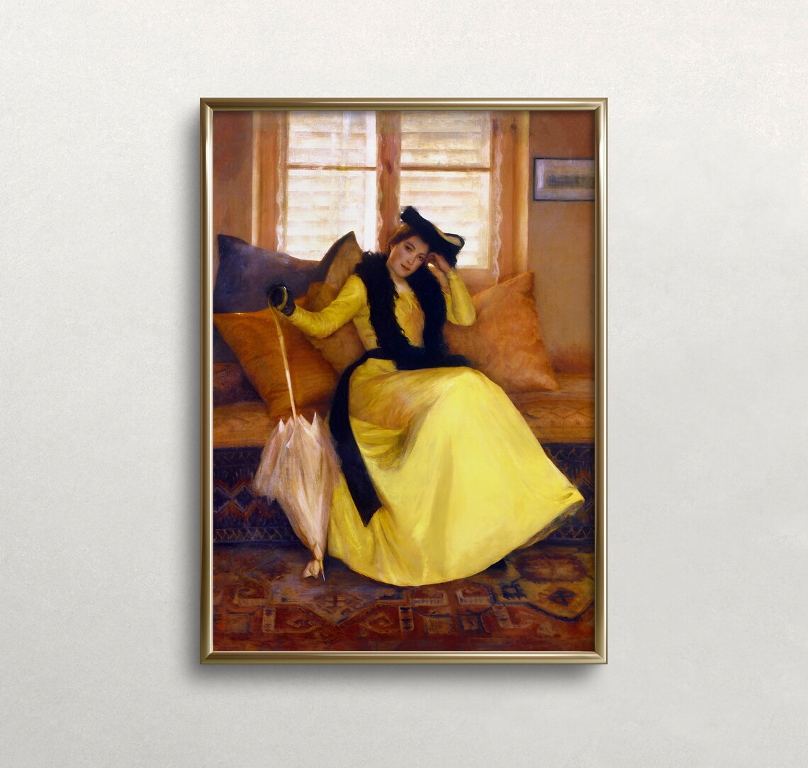 Vintage Woman In Yellow Gown Seated Portrait Moody Oil Art Poster - Image 3