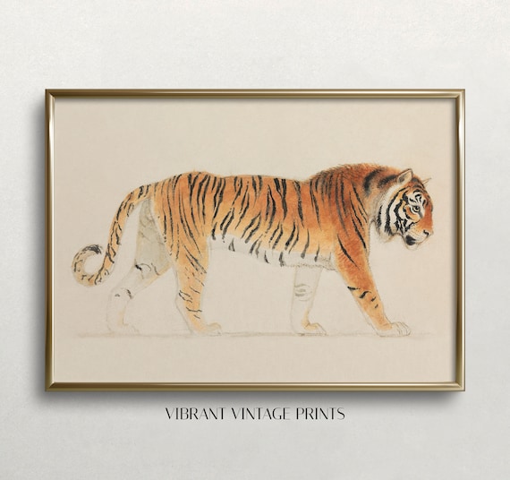 Vintage Tiger Art Print, Muted Neutral Palette