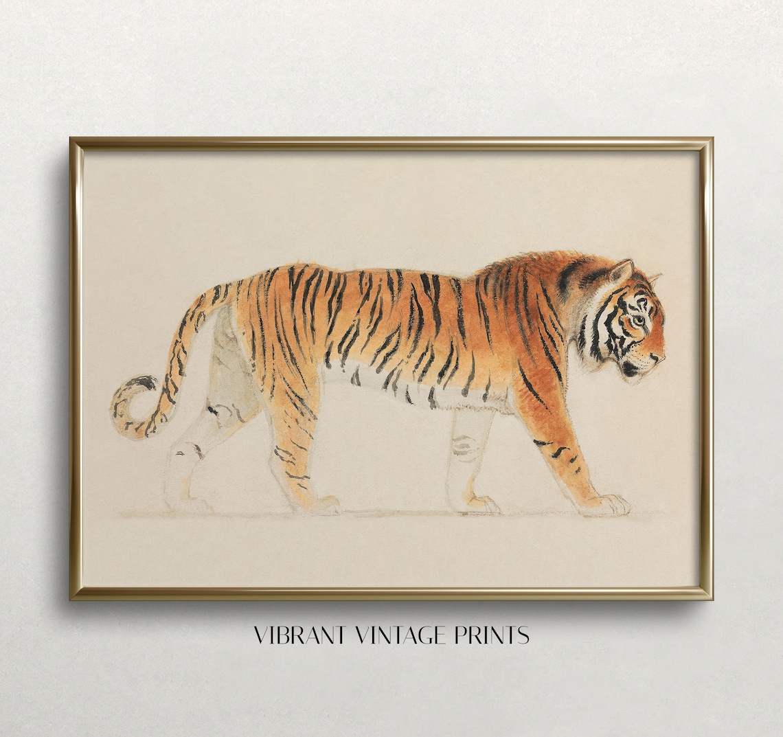 Vintage Tiger Art Print, Muted Neutral Palette