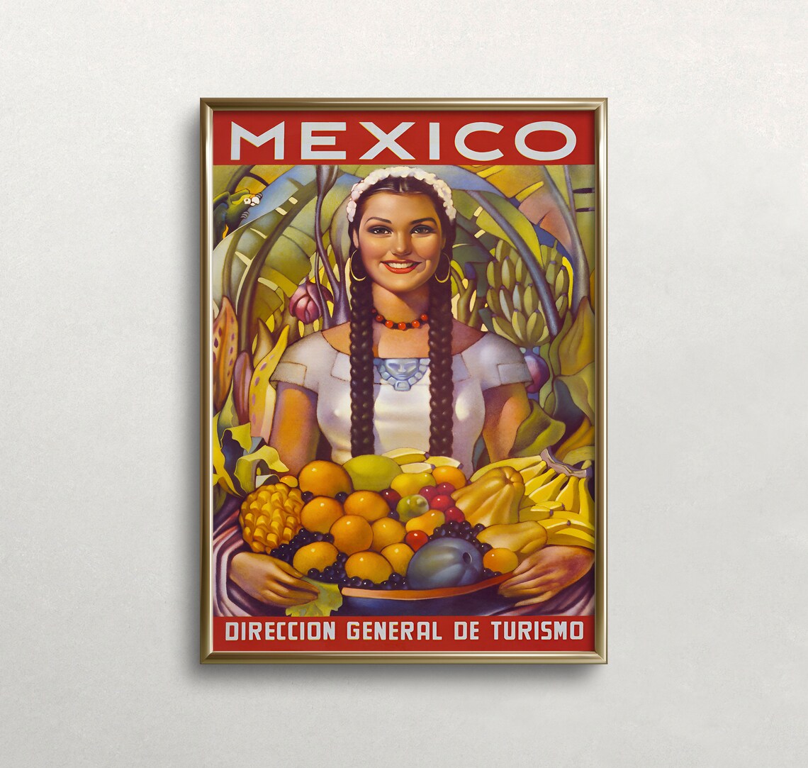 Mexico Vintage Travel Poster Woman Fruit Bowl Tropical Retro Wall Art