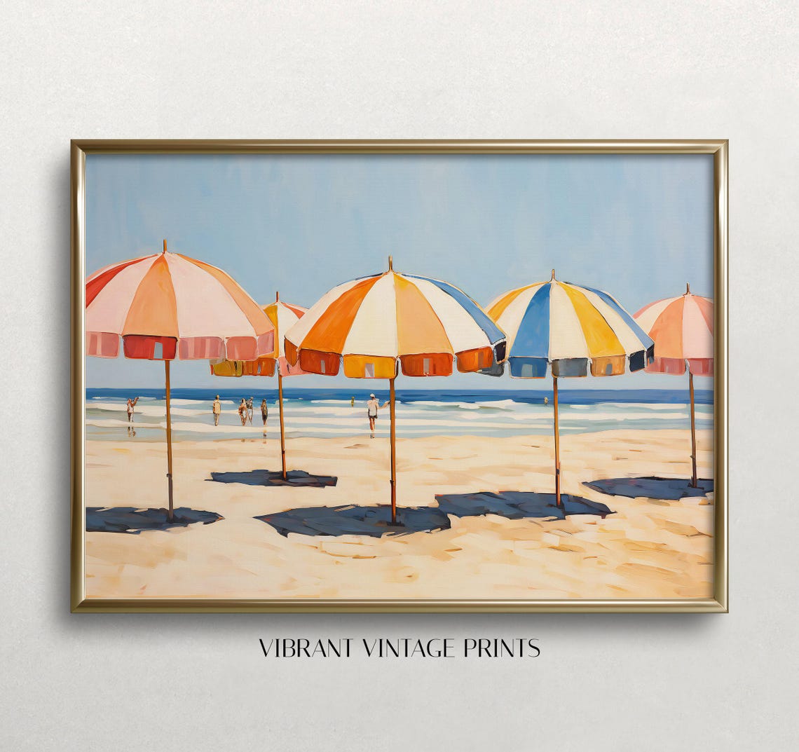 Striped Beach Umbrellas Retro Seaside Summer Painting Poster