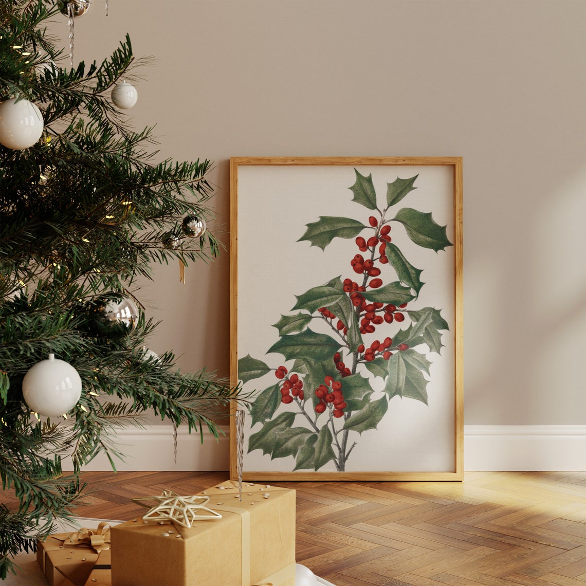Vintage Holly Berries Branch Christmas Botanical Wall Poster - Image 3
