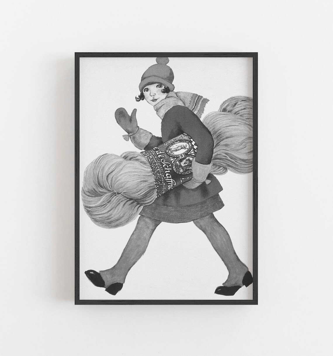 Vintage Girl Carrying Yarn Whimsical Black White Illustration Print - Image 5