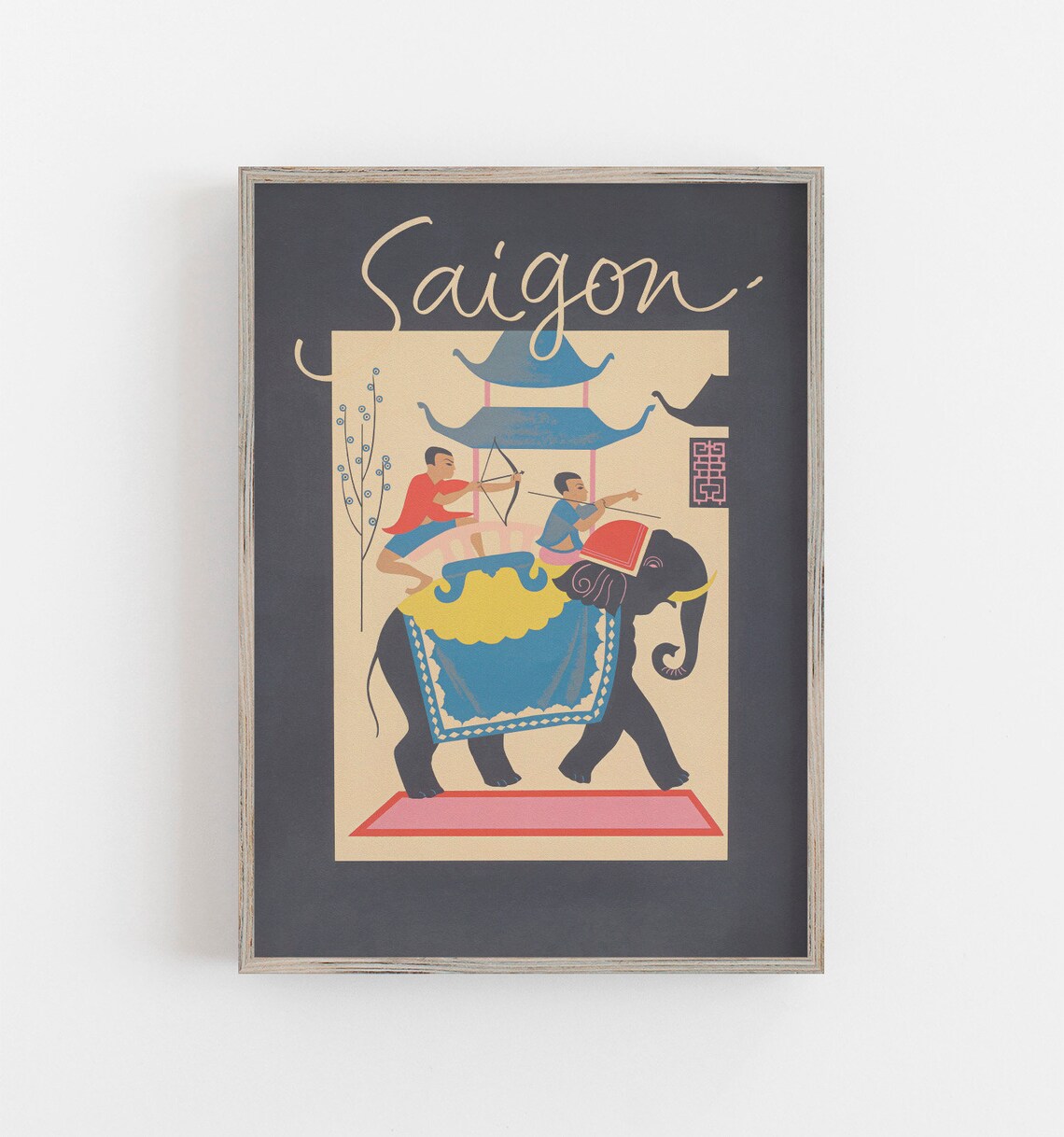 Saigon Vietnam Elephant Archers Pagoda Retro Illustrated Travel Poster