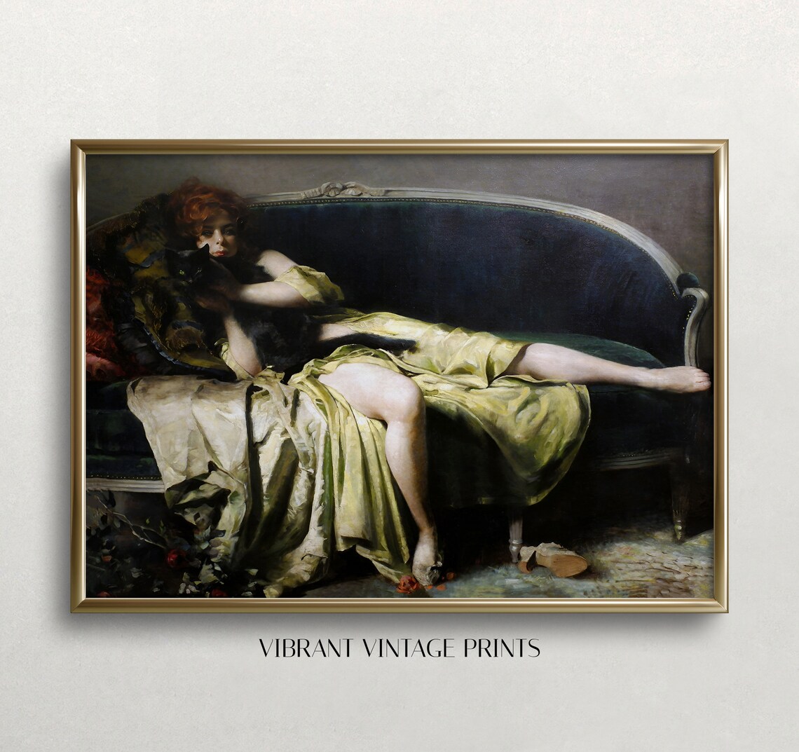 Woman and Black Cat Vintage Art Print, Moody Portrait