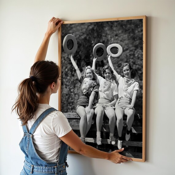 Three Smiling Cowgirls Holding Cowboy Hats Up Vintage Photo Poster