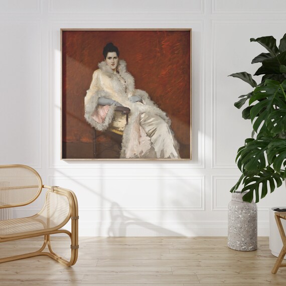 Lady White Fur Gown Burnt Orange Background Classical Portrait Art Print