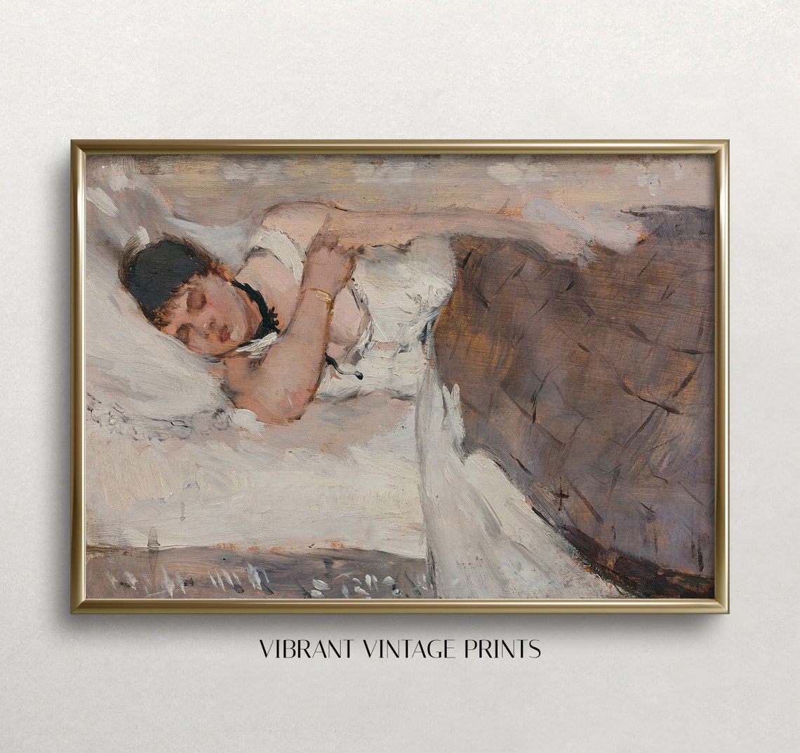 Sleeping Woman White Dress Impressionist Painting Soft Neutral Print