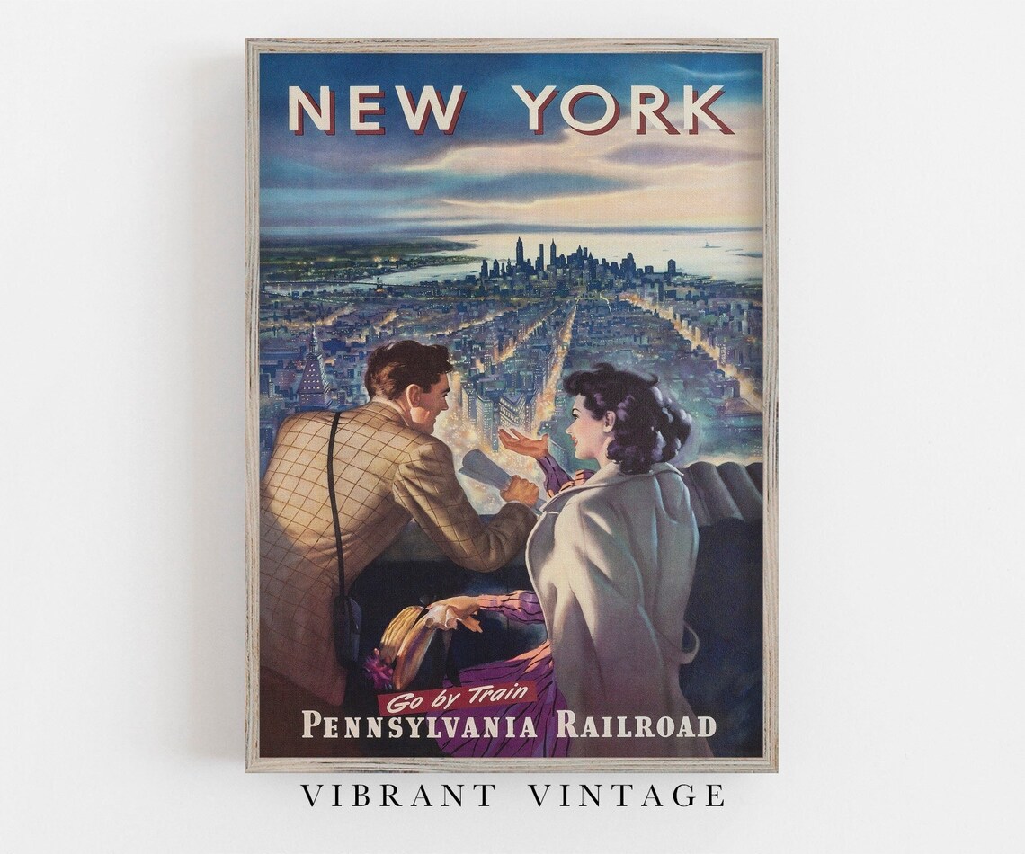 New York City Vintage Travel Poster, Retro Romance