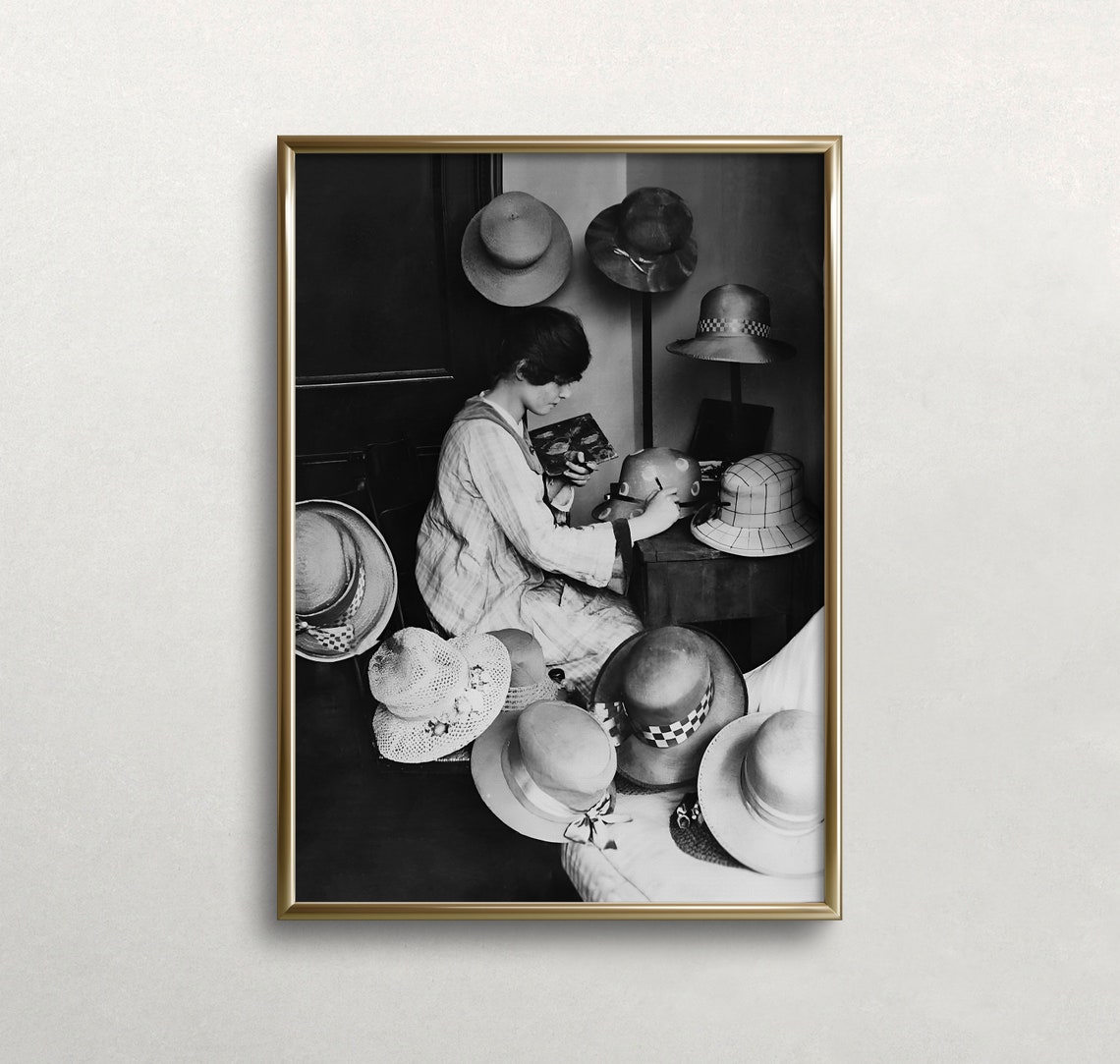 Woman Hat Maker Milliner Workshop Vintage Black White Photo Art Print