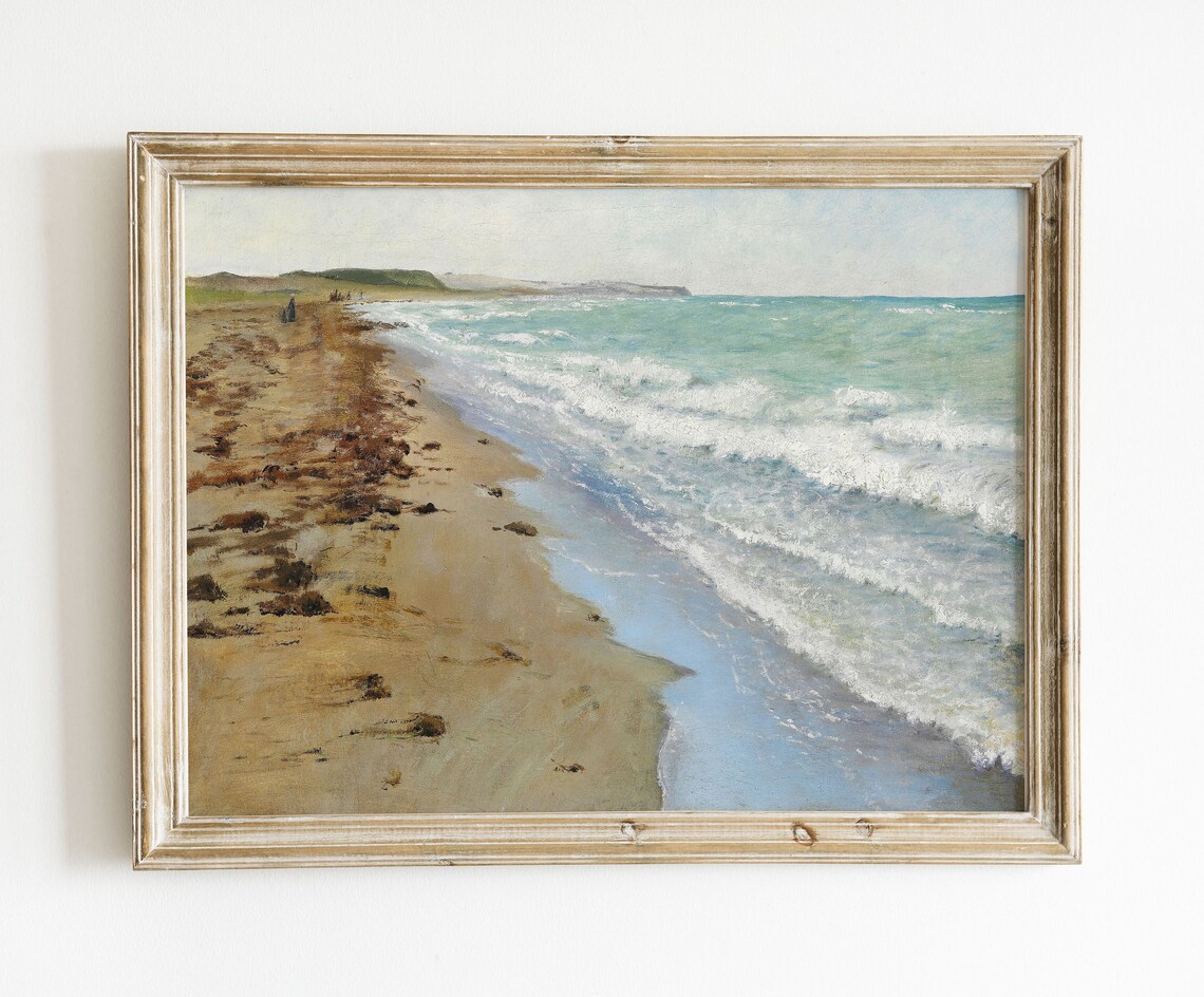Sandy Beach Foamy Waves Shoreline Vintage Coastal Landscape Wall Art - Image 3