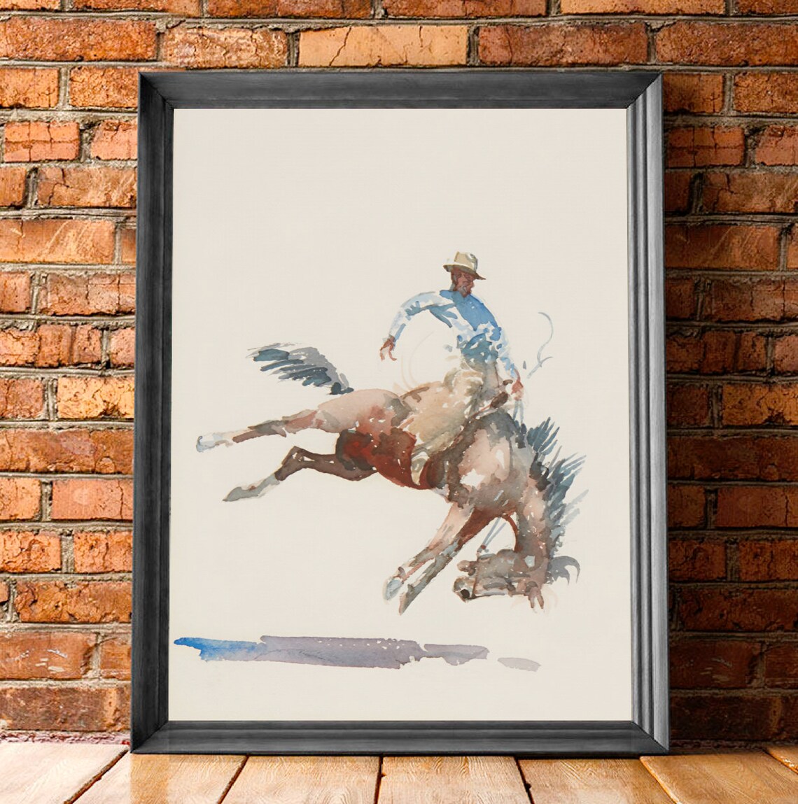Watercolor Rodeo Cowboy on Bucking Horse Western Equestrian Art Poster - Image 4