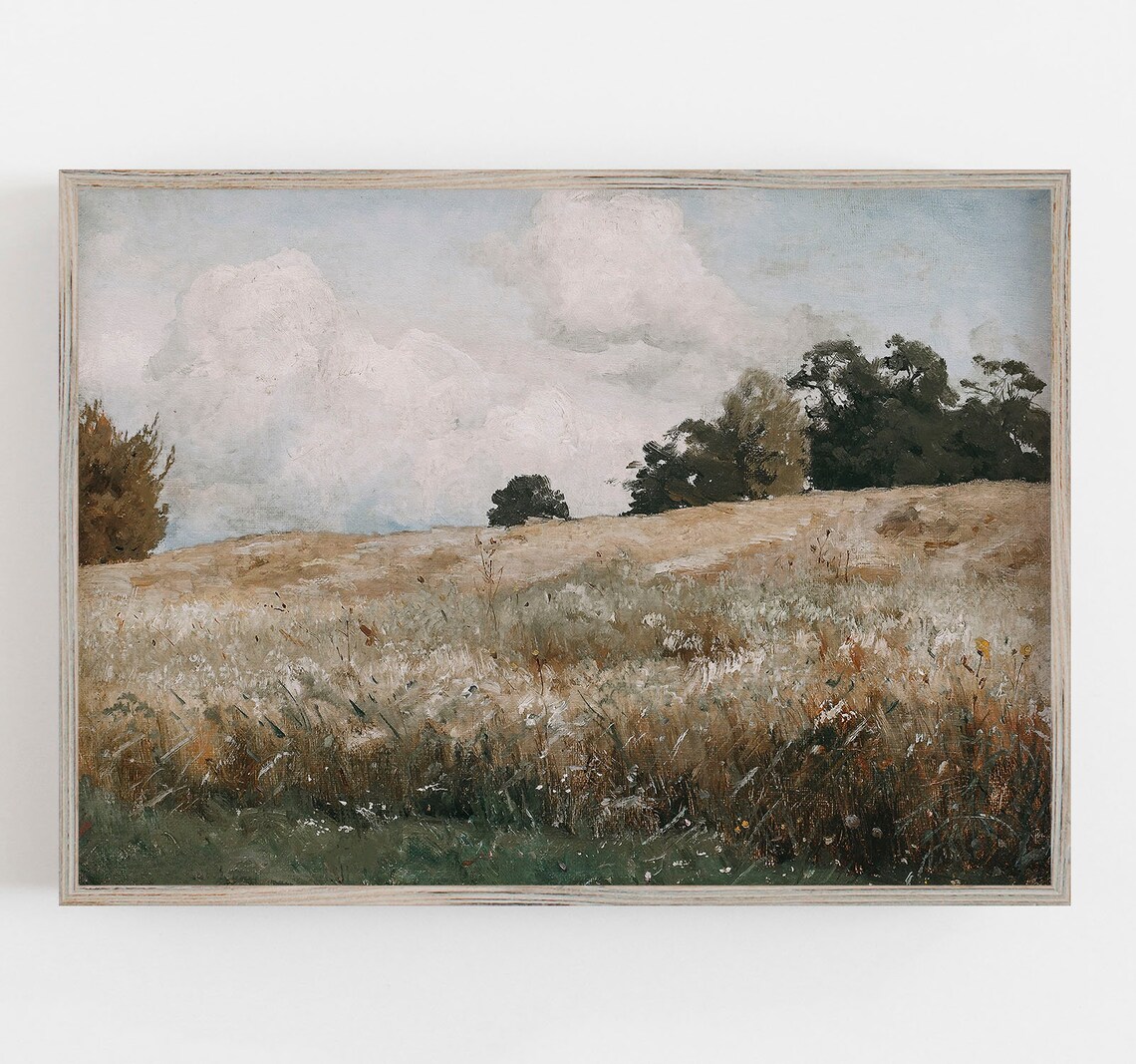 Golden Meadow Grass Wildflower Field Cloudy Sky Vintage Wall Art