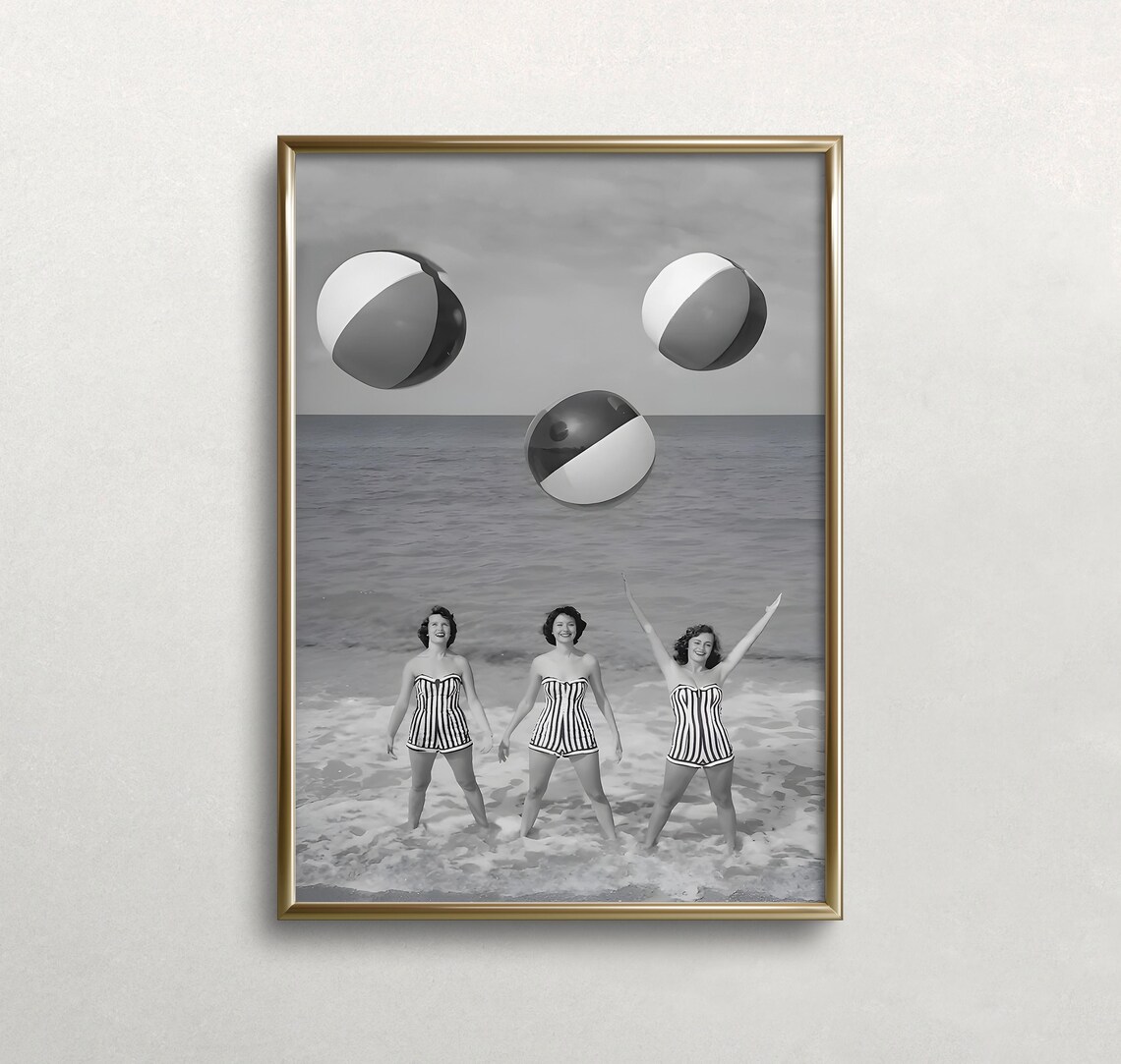 Retro Black And White Photo Three Women In Striped Swimsuits Poster - Image 3