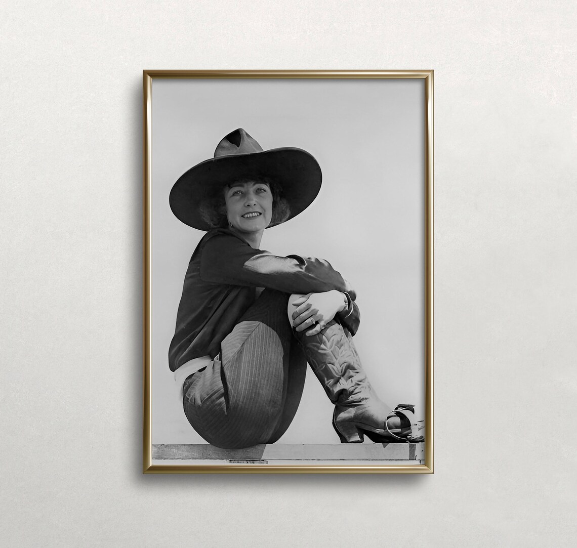 Smiling Cowgirl In Big Hat Crouching Vintage Black White Photo Poster - Image 3