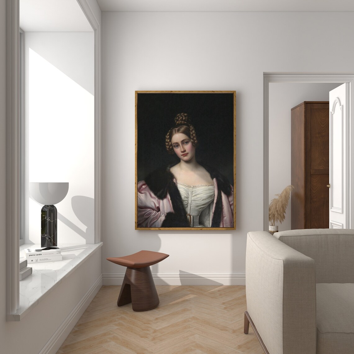 Young Woman in Pink Satin Cloak Oil Portrait Dark Background Poster - Image 2