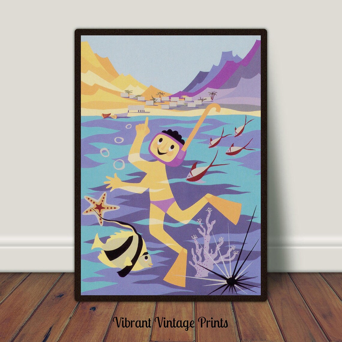 Retro Snorkel Diver Tropical Fish Mid Century Coral Reef Wall Art