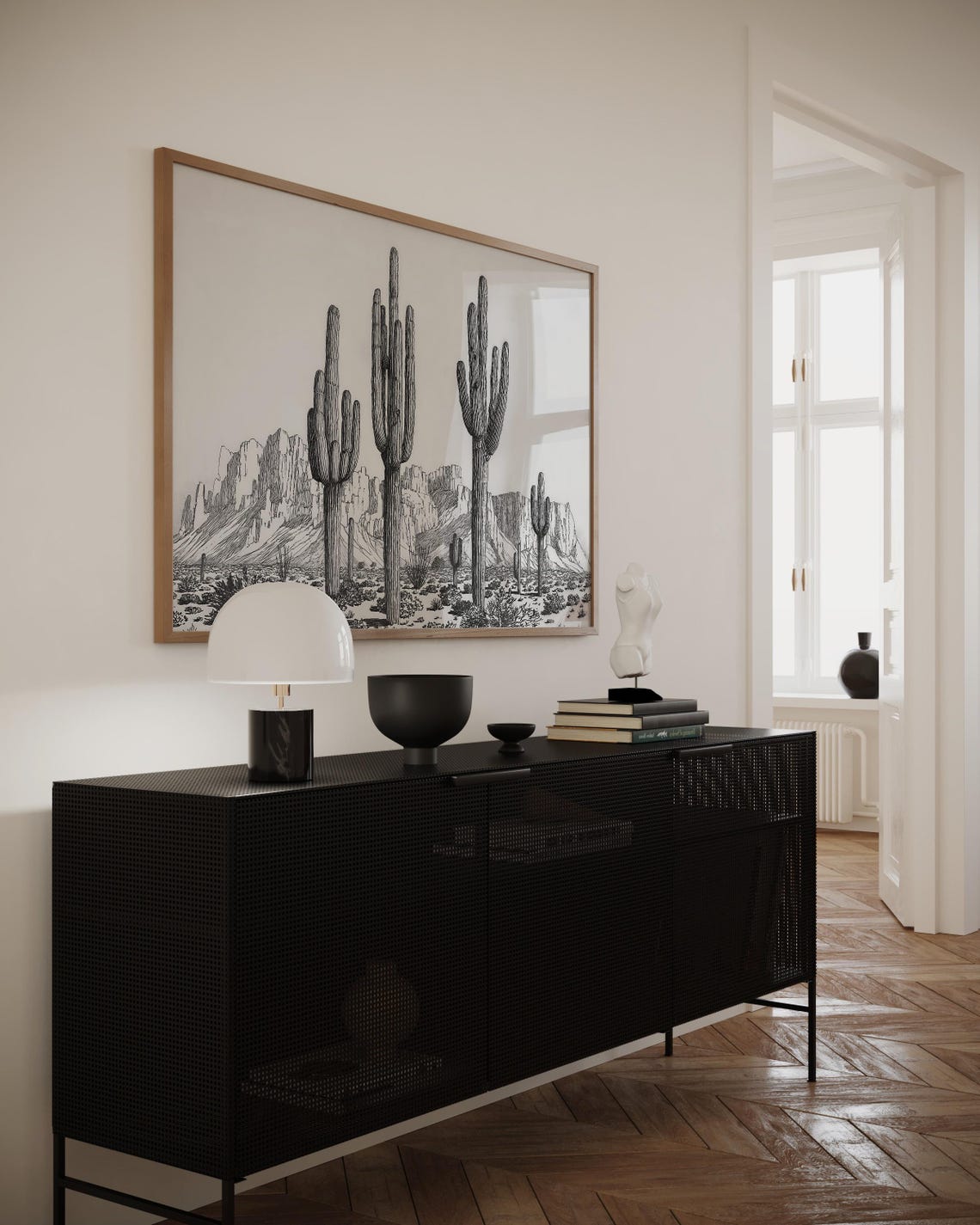 Saguaro Cacti Desert Mountains Black And White Ink Drawing Poster