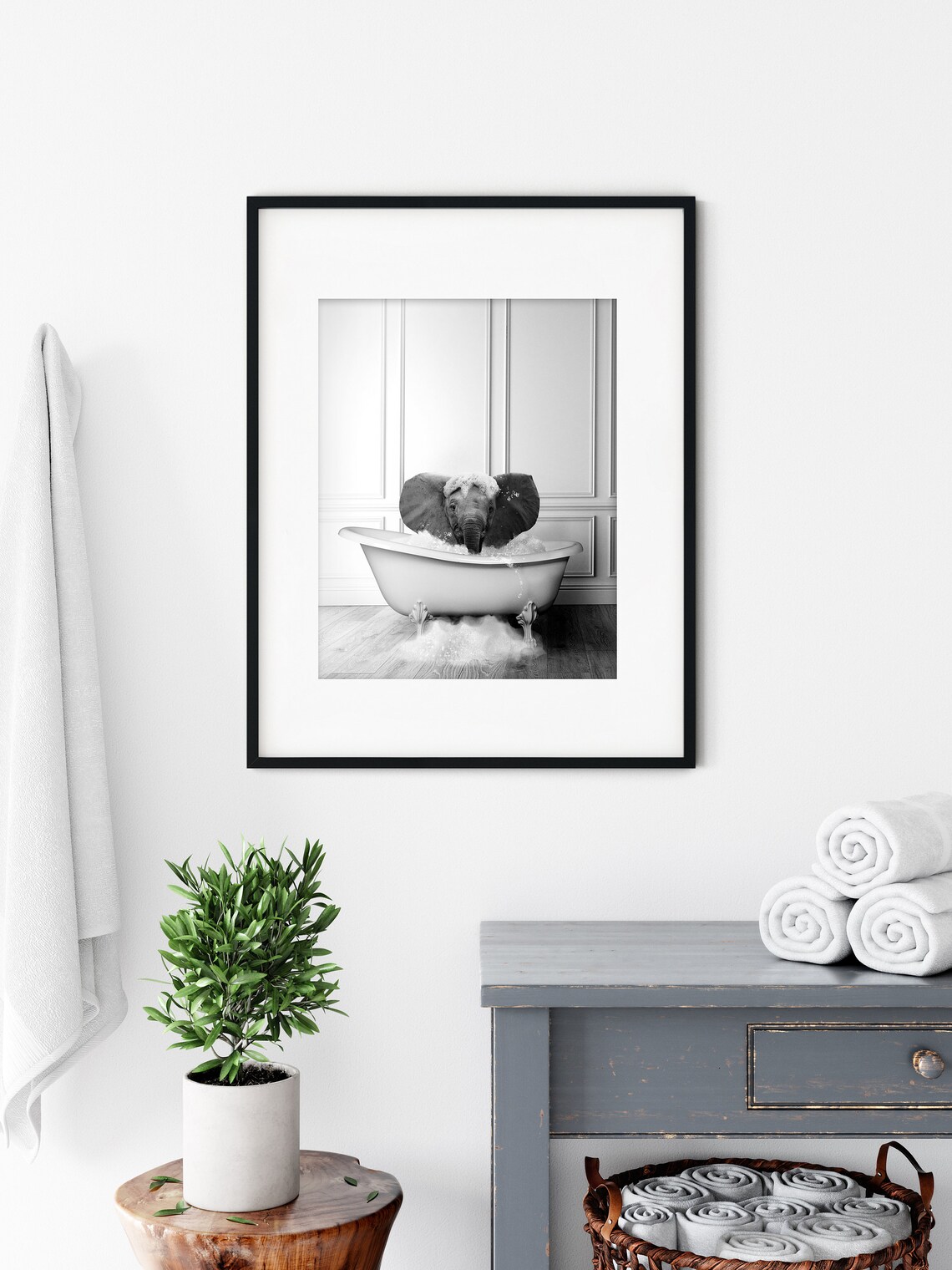 Baby Elephant In Tub Bathroom Art Print