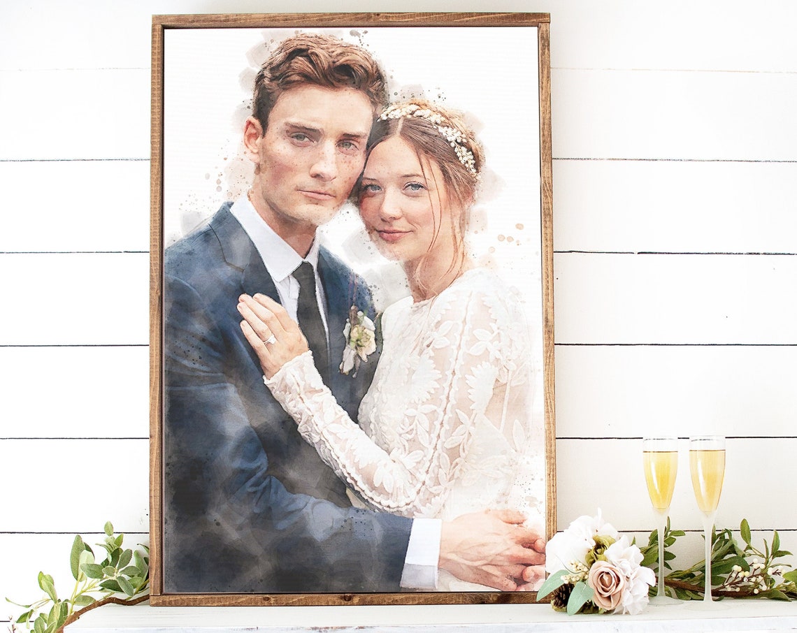 Custom Wedding Couple Watercolor Portrait Wood Framed Memory Wall Art