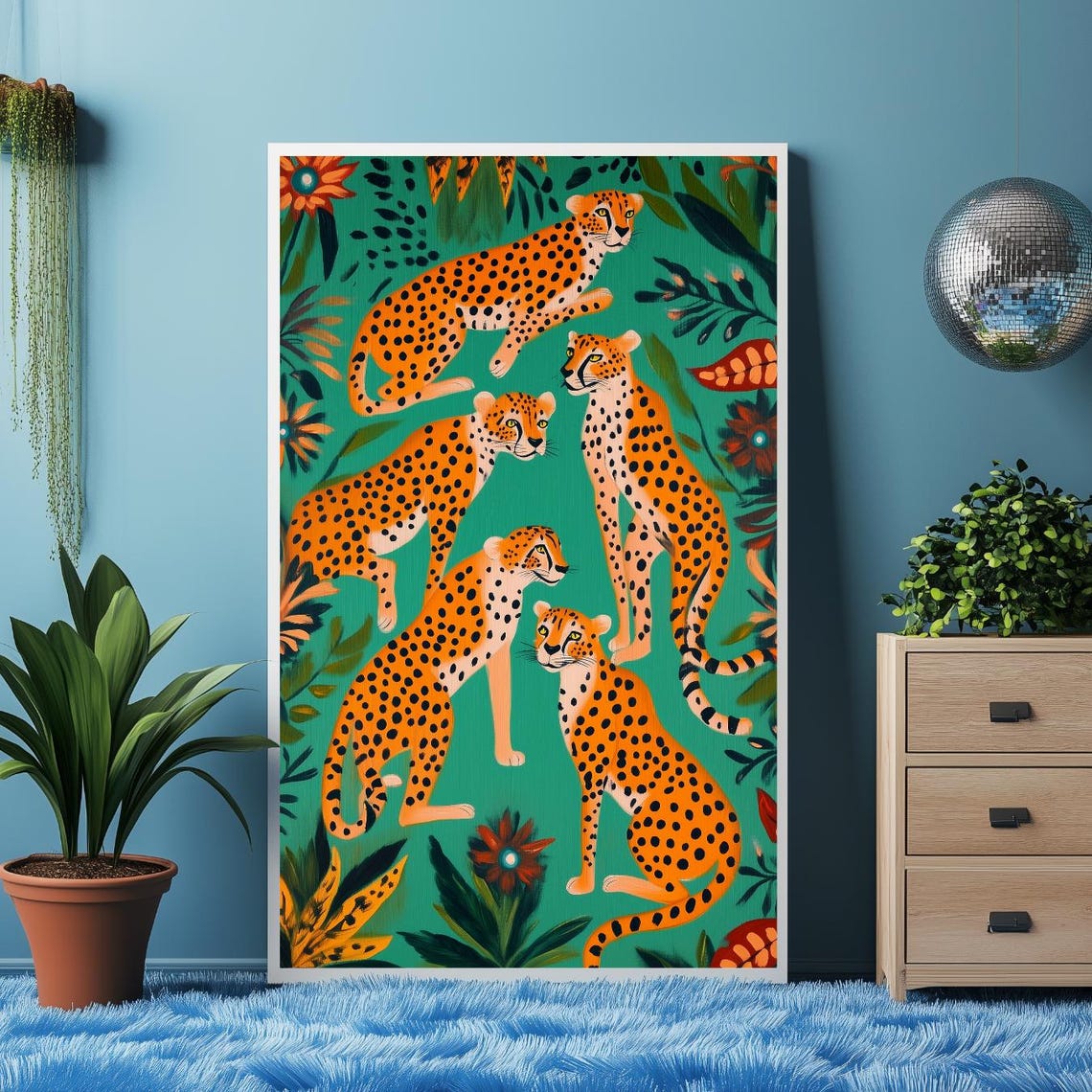 Five Leopards Jungle Illustration Green Tropical Maximalist Art Poster