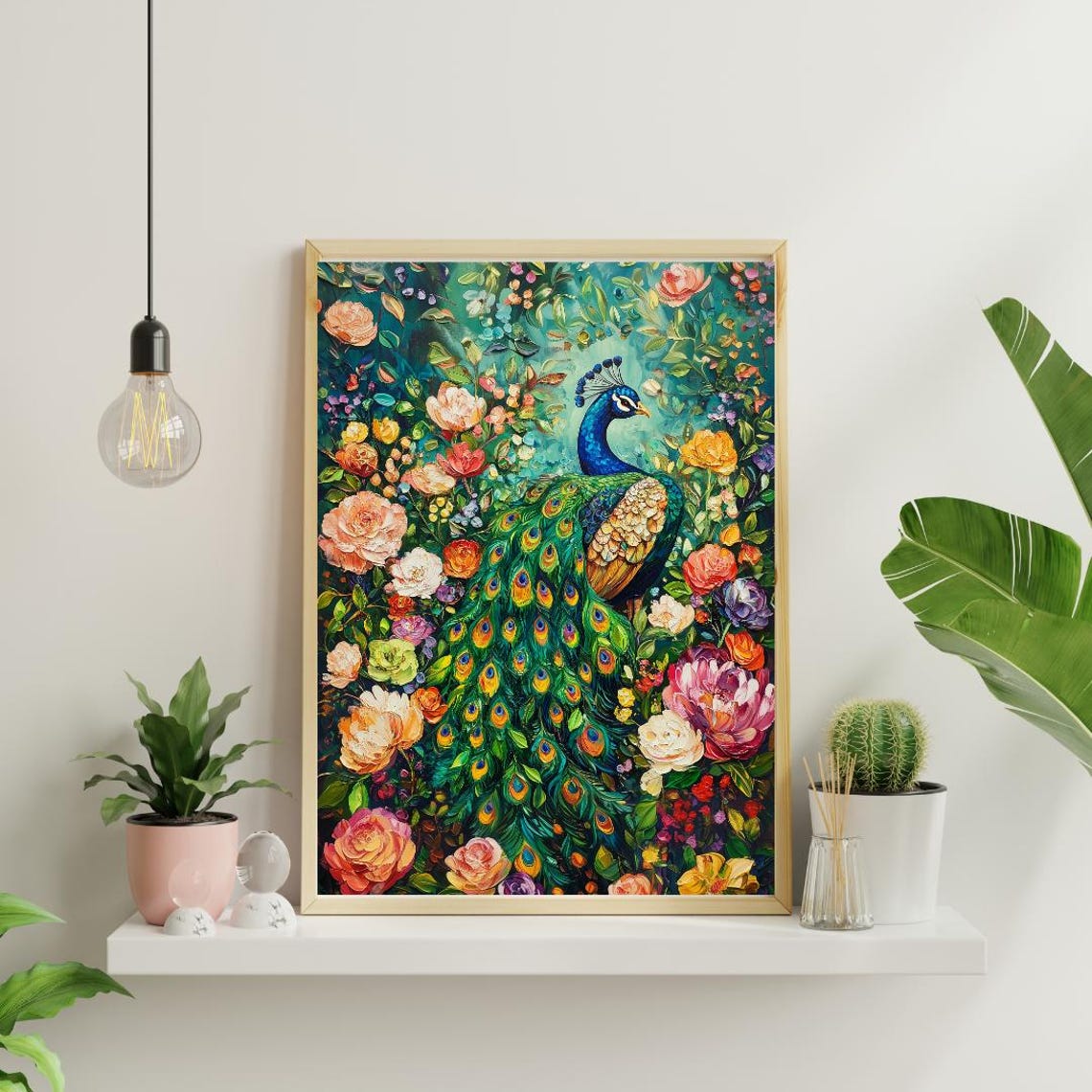 Peacock Oil Painting Among Colorful Roses Maximalist Floral Print