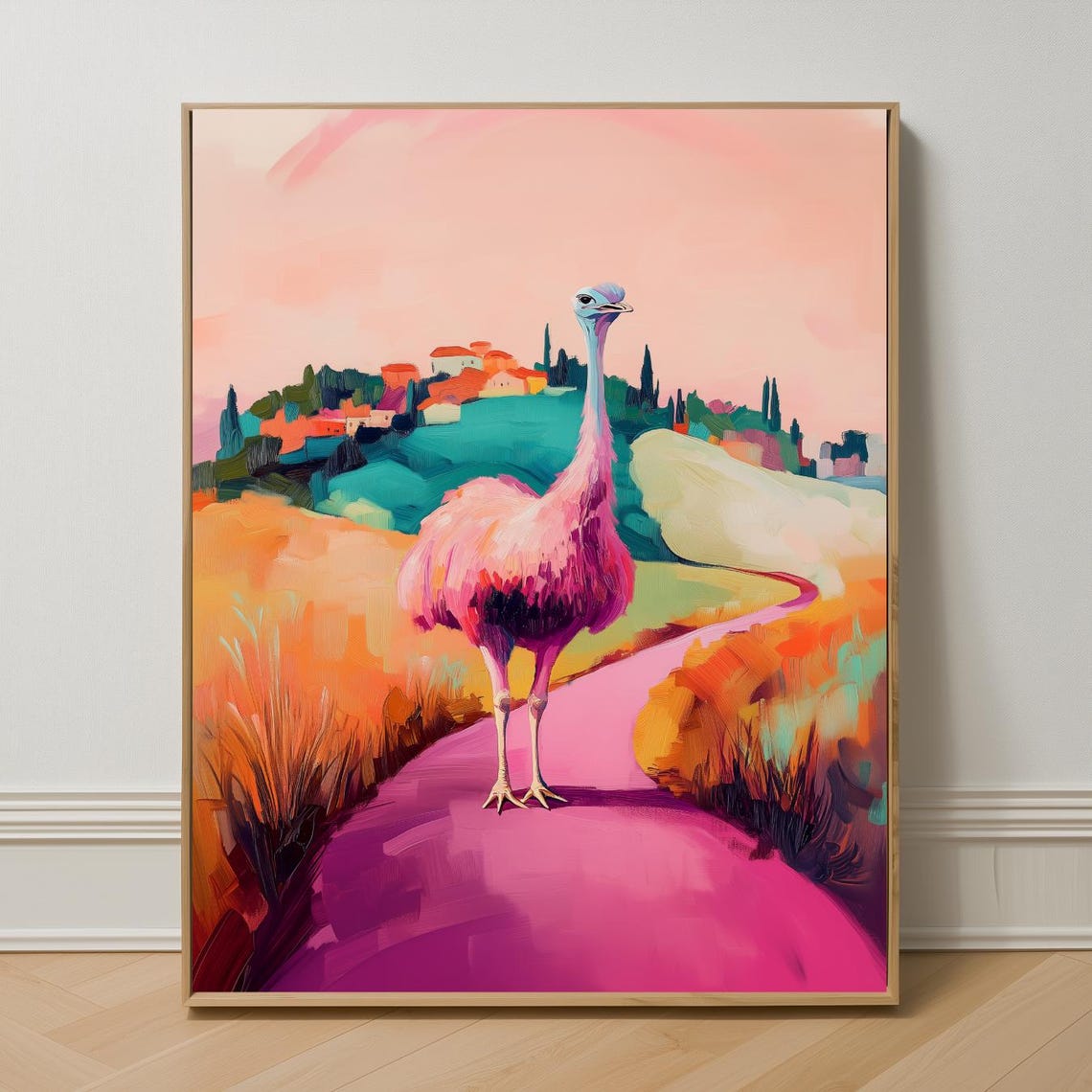 Colorful Ostrich on Pink Road Whimsical Dreamy Landscape Wall Art