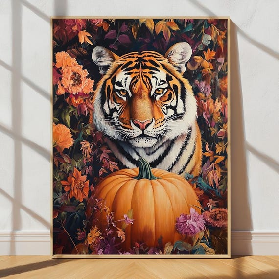 Colorful Tiger And Pumpkin In Autumn Fall Animal Wall Art Bold Jungle Decor Halloween Painting