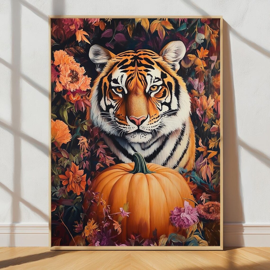Tiger With Orange Pumpkin Autumn Fall Flowers Seasonal Art Poster