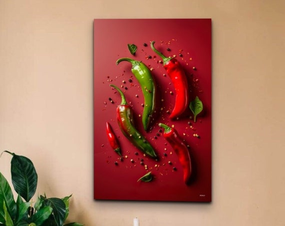 Red And Green Chili Peppers Wall Art Print Kitchen Food Art Peppers Falling Restaurant Wall Decor Interior Design