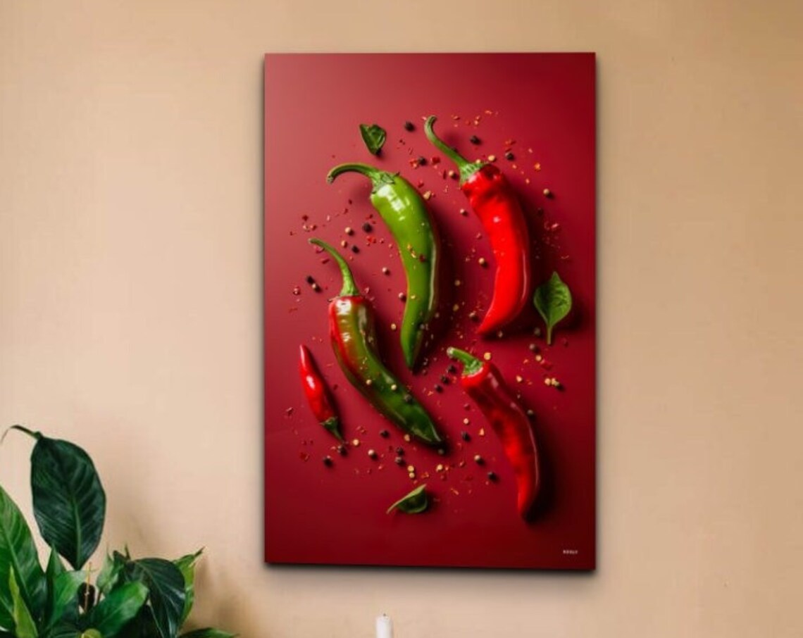 Red Green Chili Peppers On Crimson Spices Still Life Kitchen Wall Art
