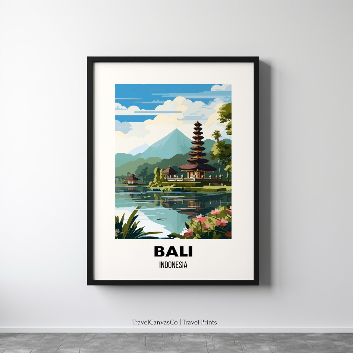 Bali Indonesia Lakeside Temple Lotus Pond Vintage Travel Poster