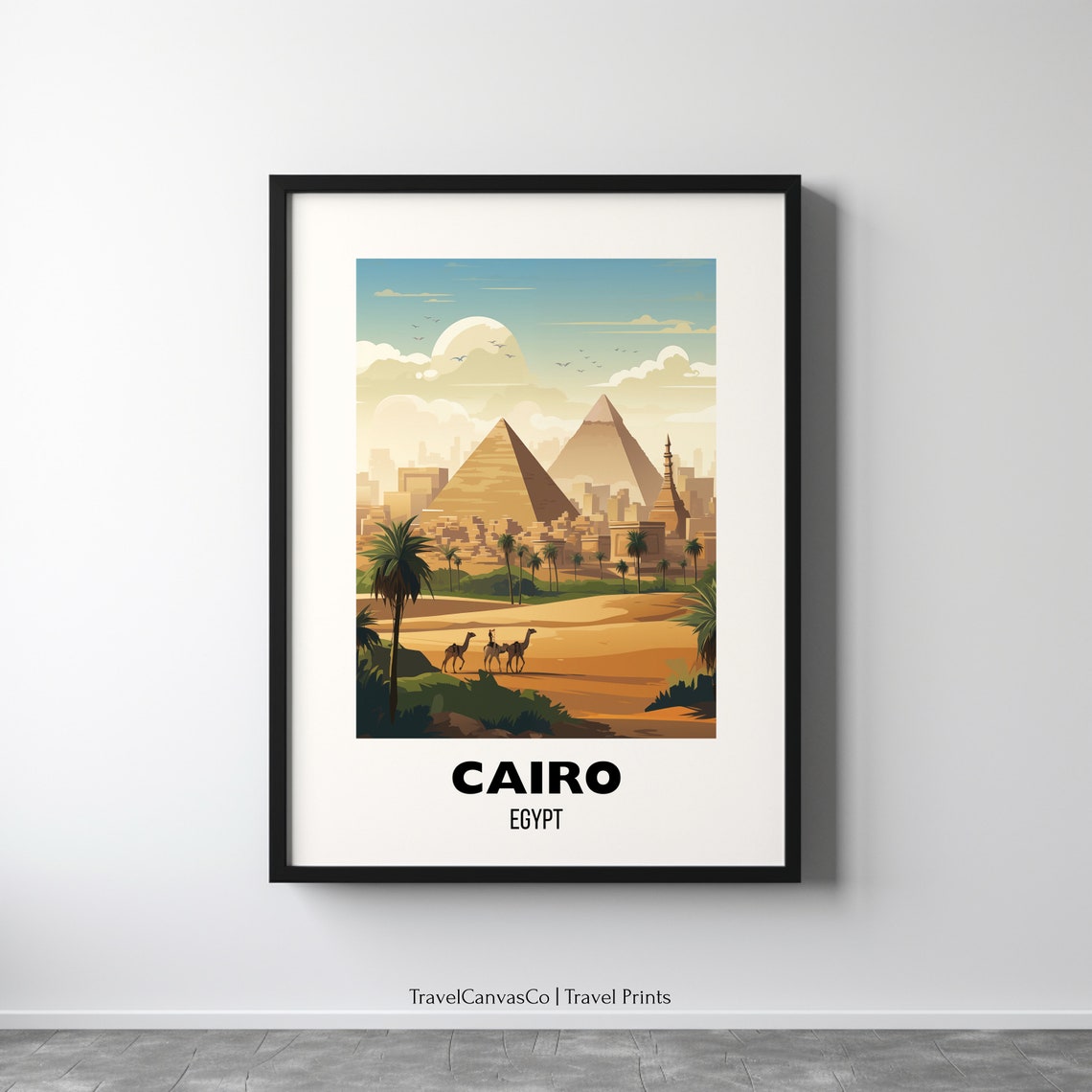 Cairo Egypt Pyramids Of Giza Camel Caravan Vintage Travel Poster