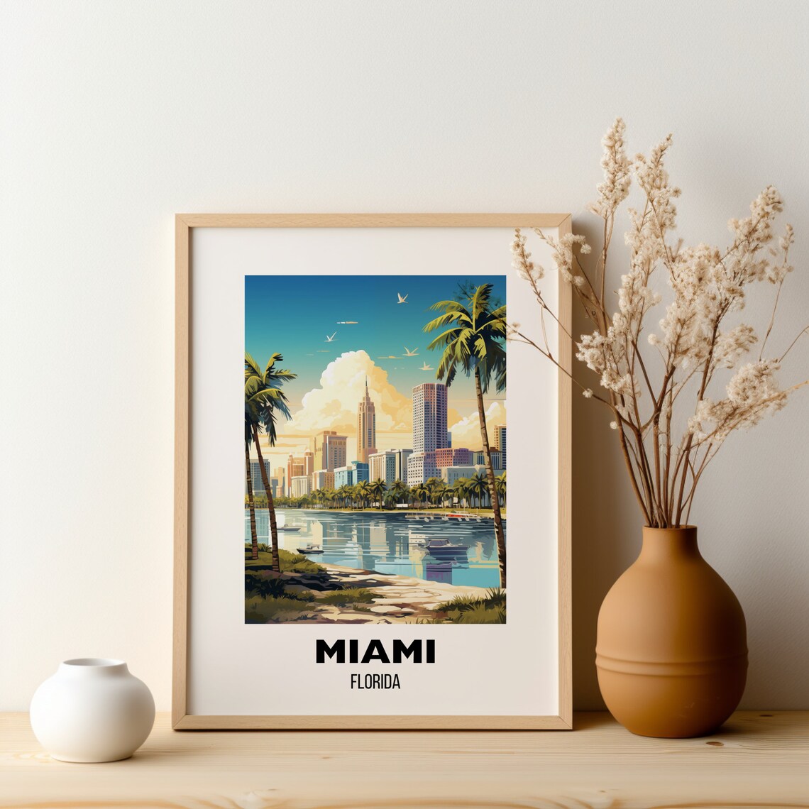 Miami Florida Skyline Palm Trees Waterfront Vintage Travel Poster - Image 2