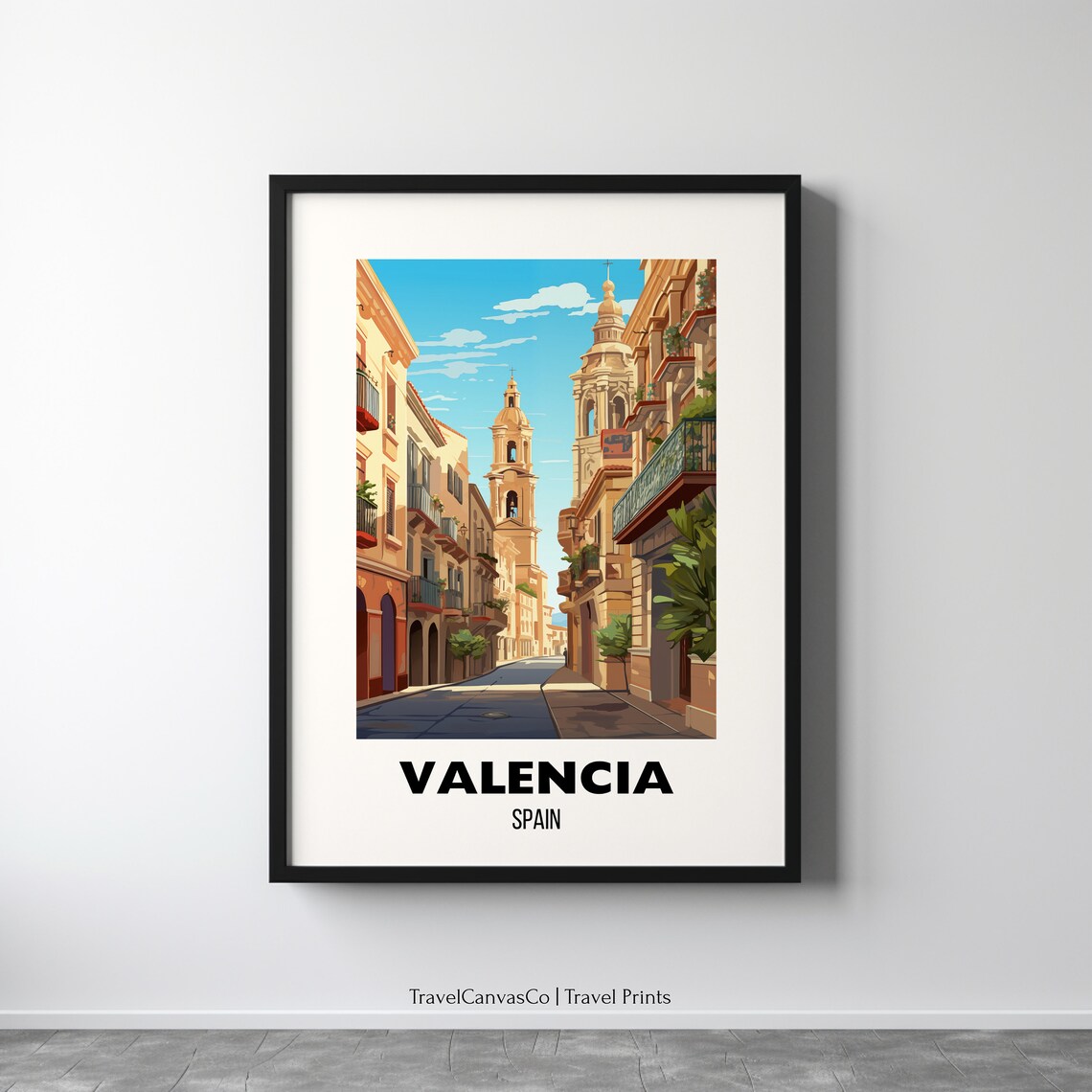 Valencia Spain Old Town Street Church Bell Towers Golden Travel Poster