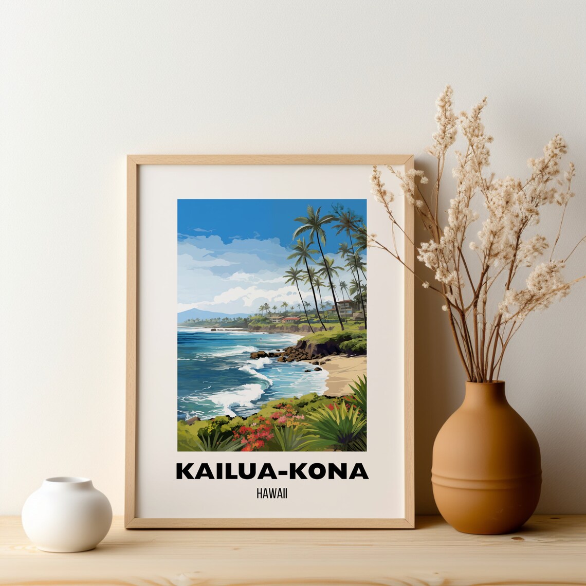 Kailua Kona Hawaii Tropical Palm Beach Coastline Travel Poster - Image 2