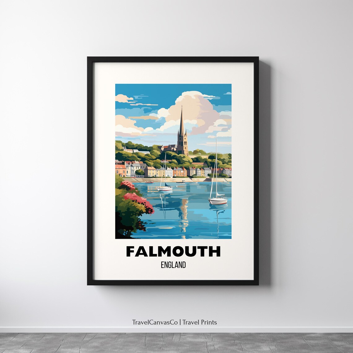 Falmouth England Cornwall Harbor Sailboats Church Travel Poster