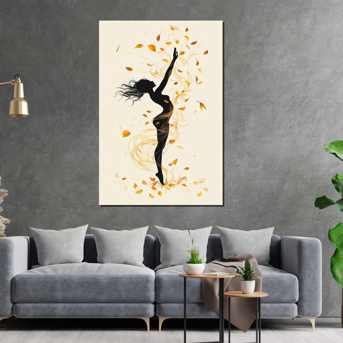 Dancing Woman Silhouette Swirling Autumn Leaves Cream Background Poster - Image 2