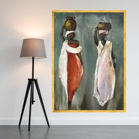 African Women With Pots Canvas Wall Art Ethnic Figurative Painting Tribal Culture Artwork Boho Home Decoration Ready To Hang