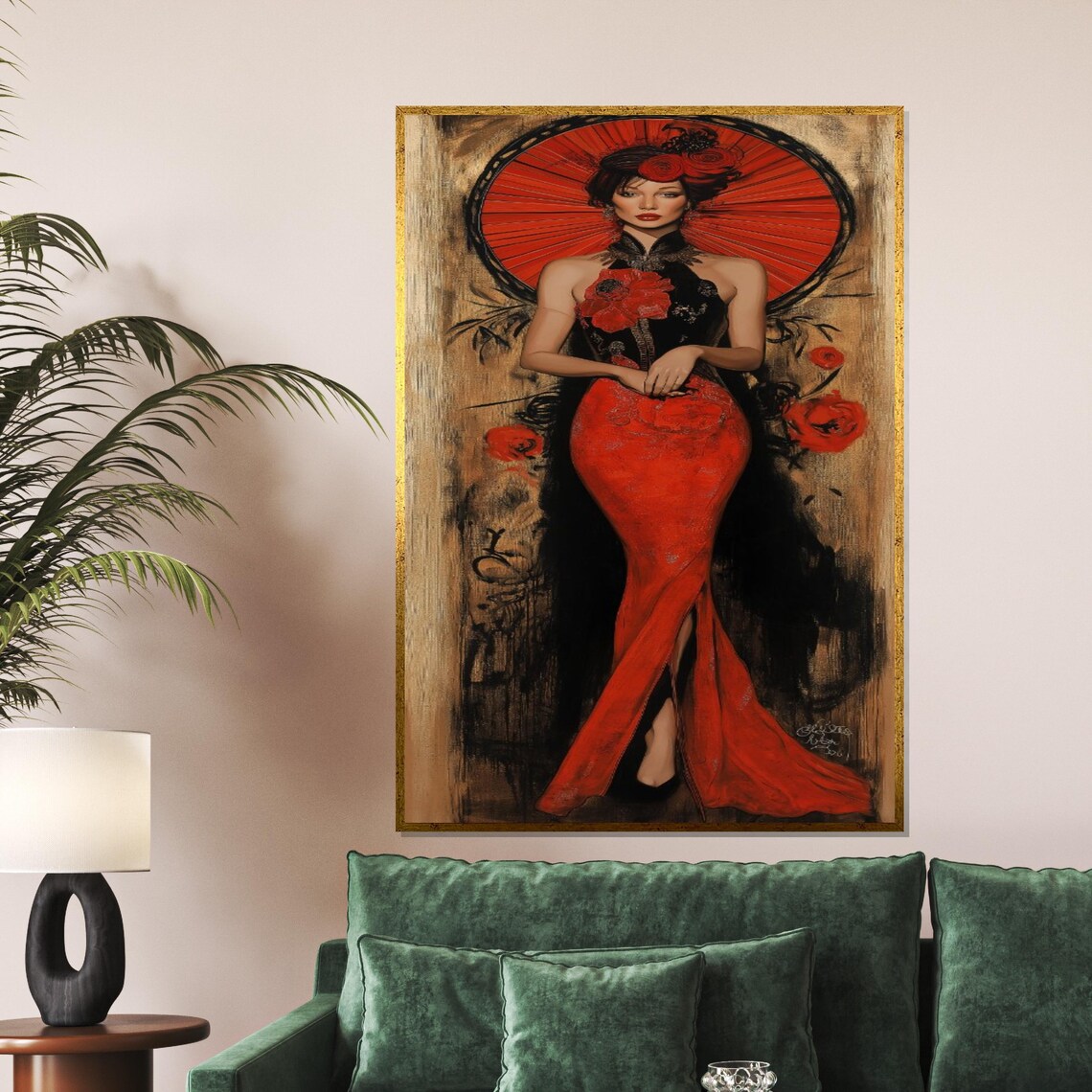 Oriental Beauty In Red Cheongsam With Parasol Floral Glamour Poster - Image 5