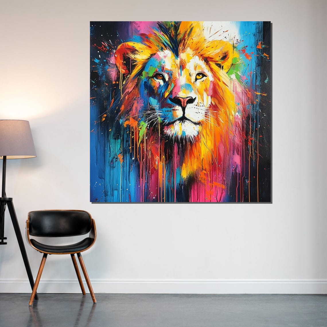 Bold Multicolor Lion Pop Art Paint Drips Vibrant Big Cat Poster - Image 2