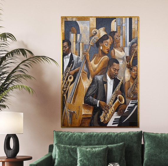 Art Deco Jazz Band Live Night Club Saxophone Mosaic Art Poster