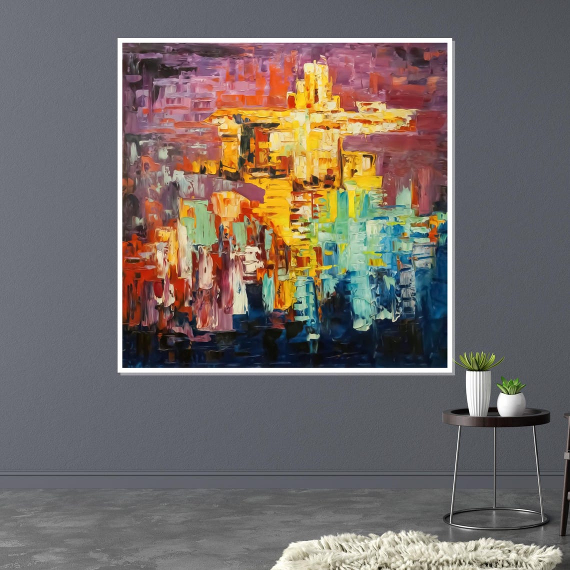 Abstract Cityscape Sunset Impasto Golden Purple Brushstroke Print - Image 3