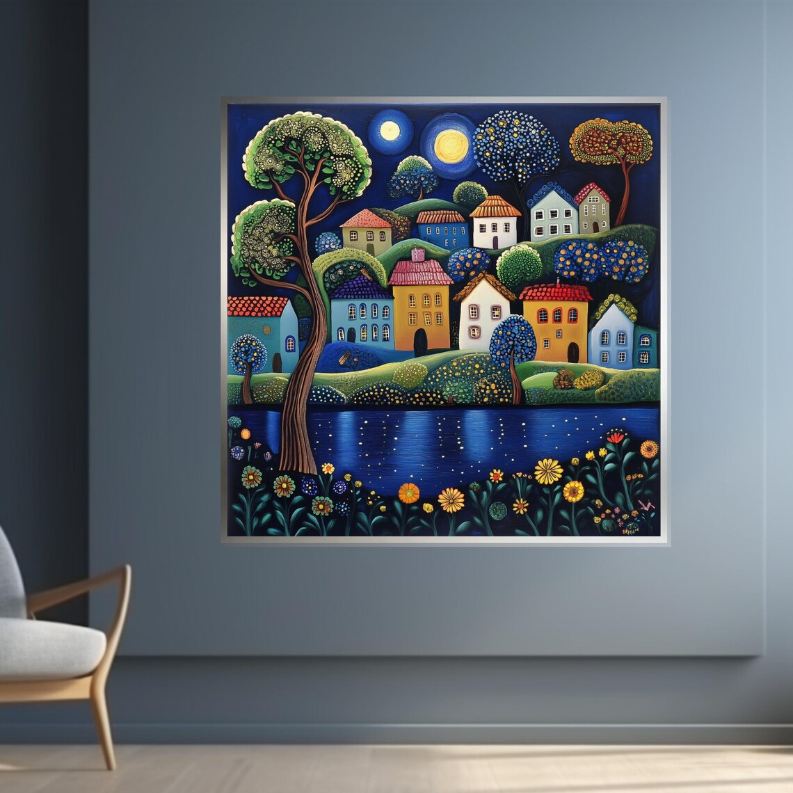 Moonlit Village Nightscape with Lake Colorful Folk Art Decor Poster - Image 4