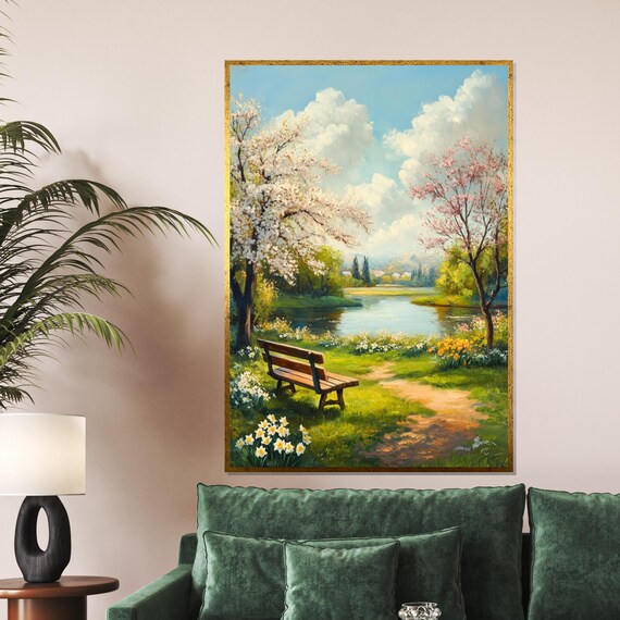Serene Spring Lakeside Bench Blossom Trees Peaceful Nature Poster
