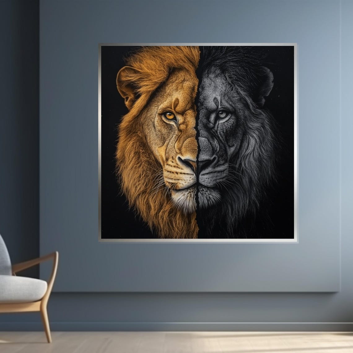 Split Lion Face Gold Black Dual Tone Bold Big Cat Art Poster - Image 4