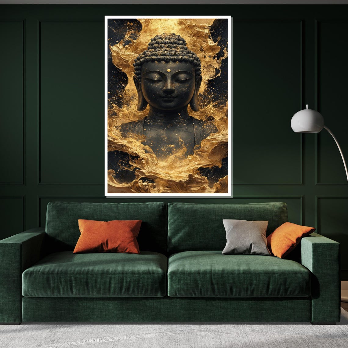 Black Buddha Portrait with Swirling Gold Leaf Modern Art Poster - Image 3